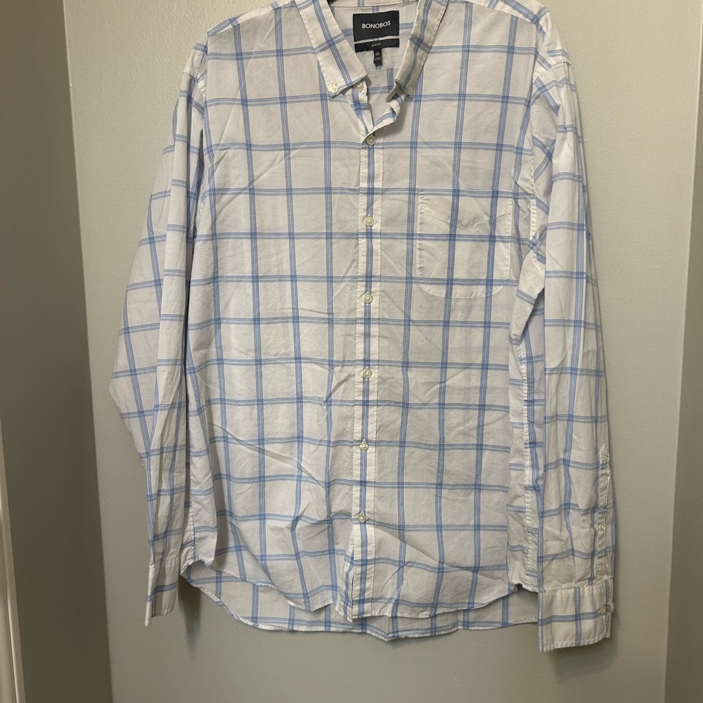 Bonobos Mens XXL Slim Fit Button Down Shirt Blue Plaid Long Sleeve Cotton Casual
